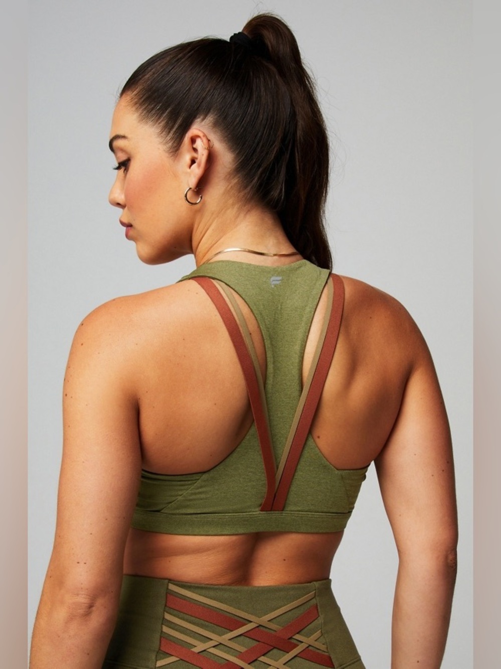 Fabletics Boost Medium Impact Sports Bra Strappy Olive Gym Workout